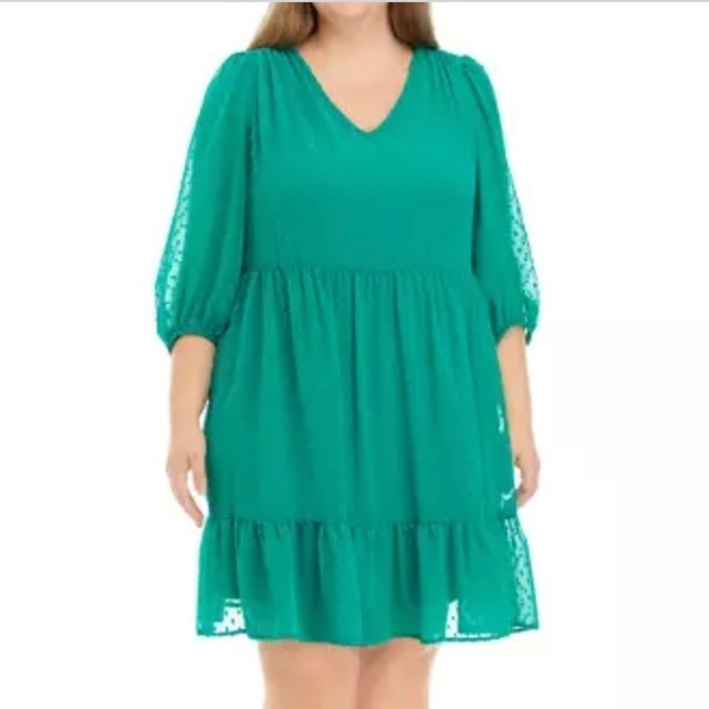 52Seven Babydoll Dress Women 1X Green Swiss Dot Tiered Boho Feminine Romantic